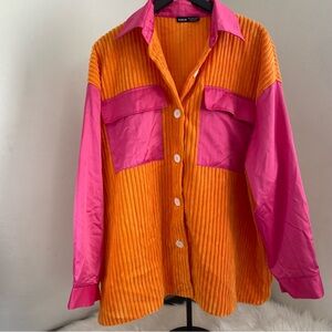 Colorblock flap pocket drop shoulder corduroy coat